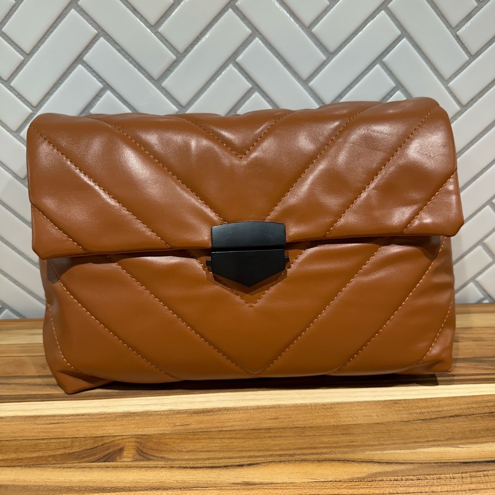 Brown Faux Leather Shoulder Bag Purse with Black Chain - EUC